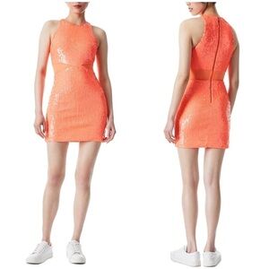 Alice + Olivia Cara Orange Sequin Mini Dress Mesh Waist Sleeveless Sz 0